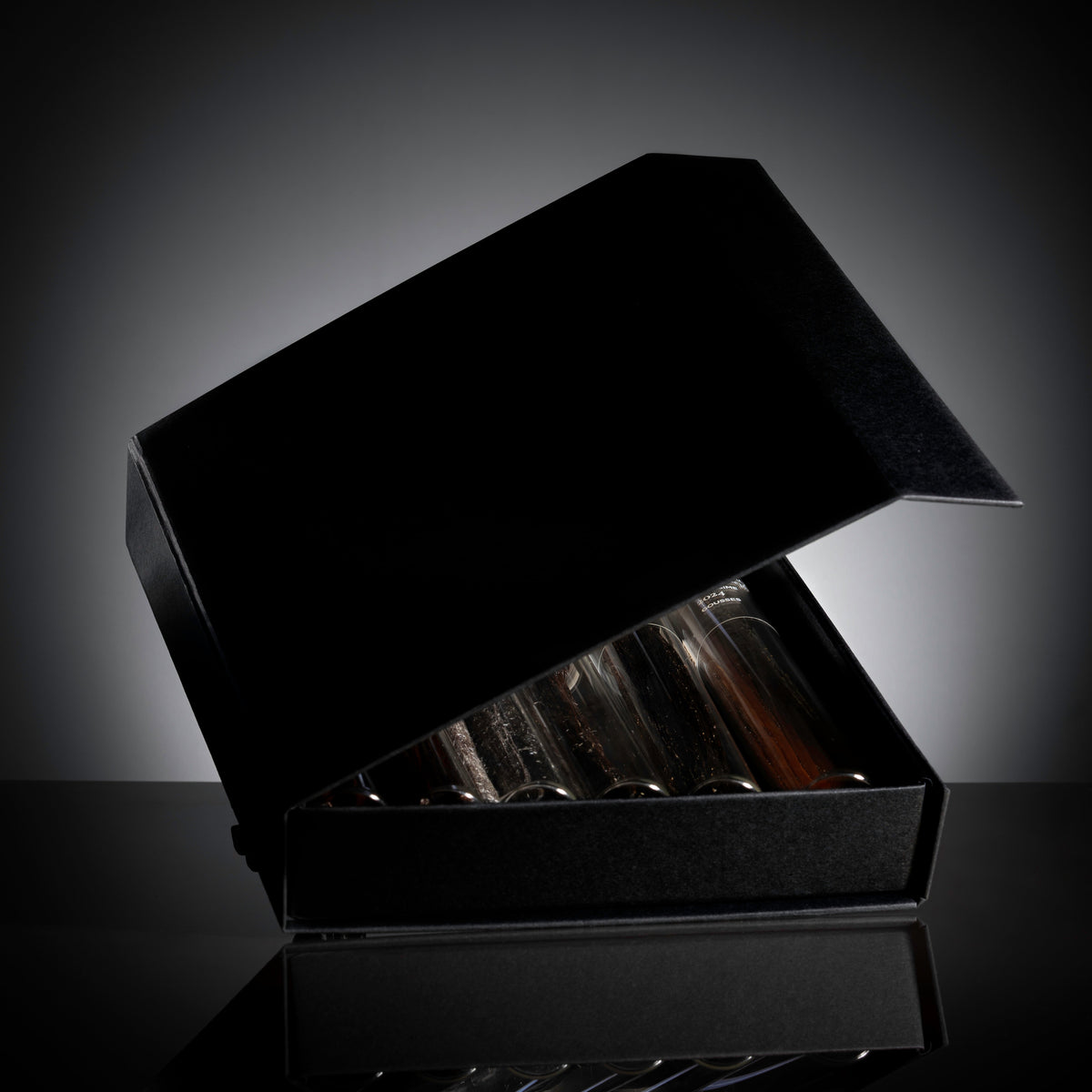 Coffret Galand Vanille entrouvert, tubes de gousses de vanille alignés à l'intérieur