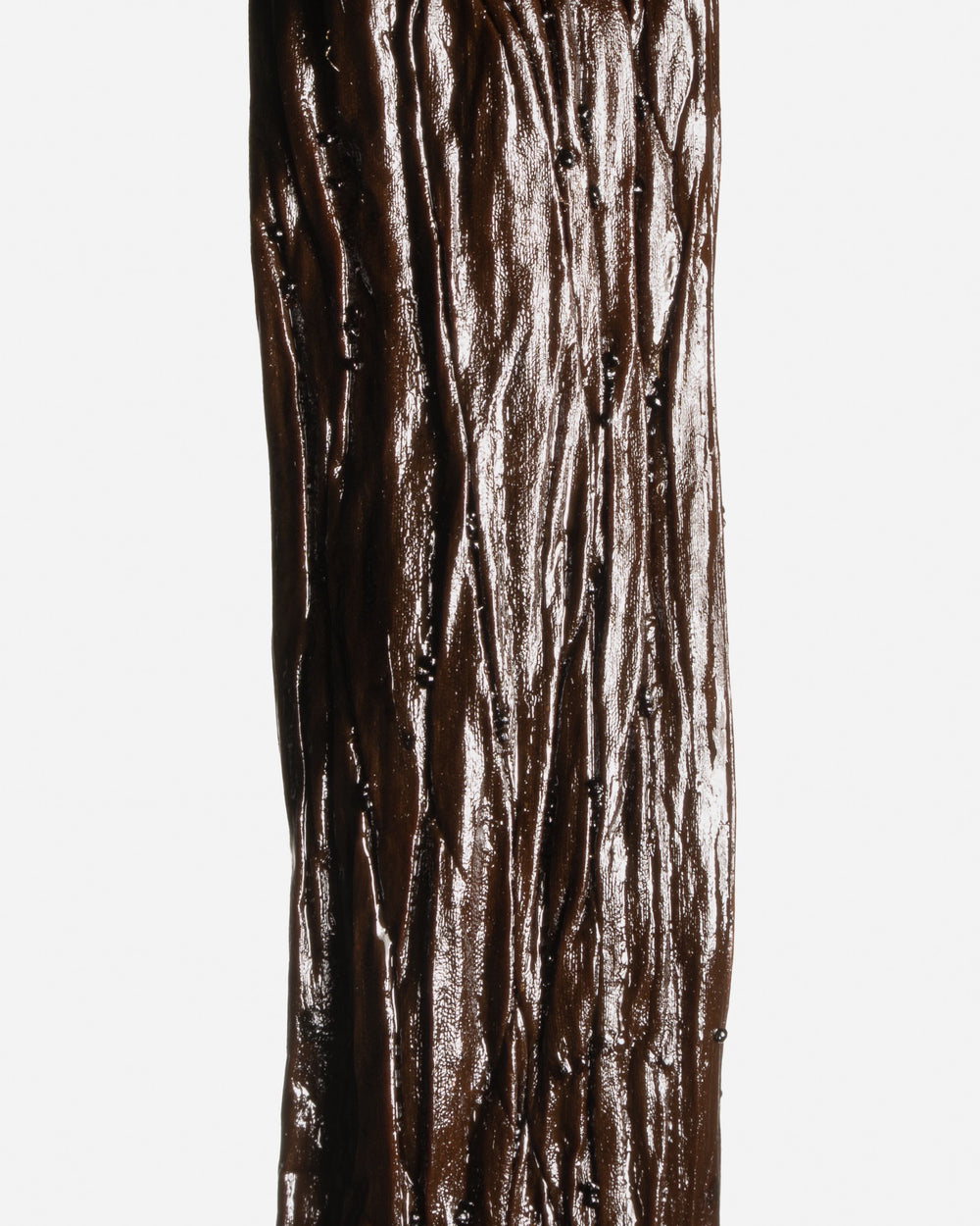 Zoom sur la texture huileuse et la peau souple d'une gousse de vanille Pompona.