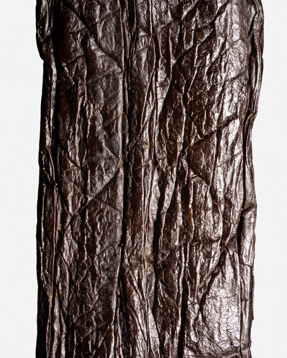 Détail de la robe satinée et de la silhouette large d'une vanille Pompona du Mexique