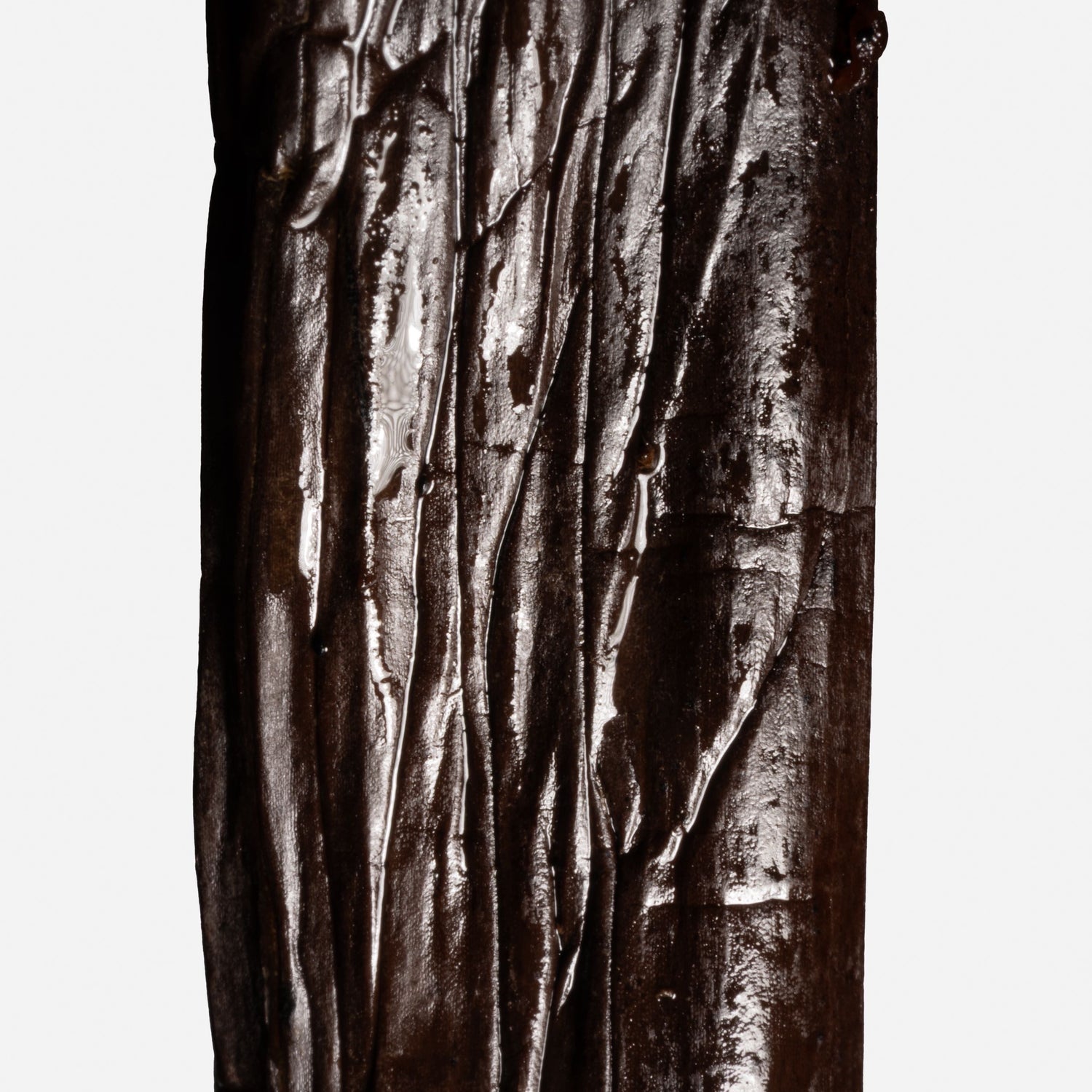 Gros plan sur la peau mate et le volume d'une vanille charnue de Tahaa, Tahiti.